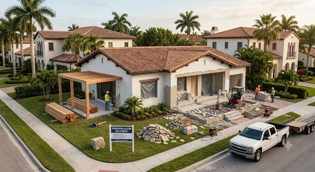 Casa estilo mediterráneo en proceso de remodelación exterior e interior con instalación de terraza de madera y obras en fachada.