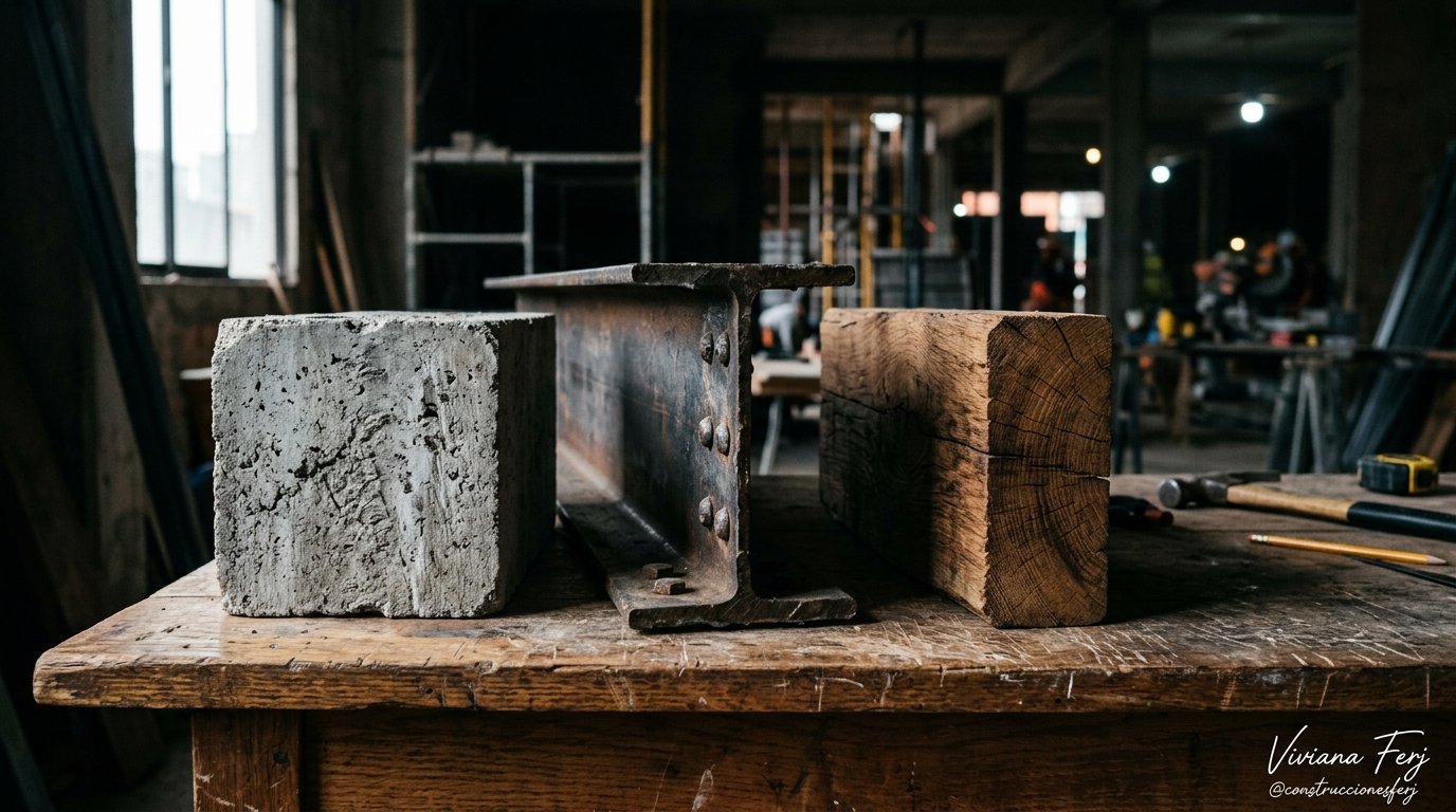 Muestra de concreto, metal y madera sobre una mesa de taller