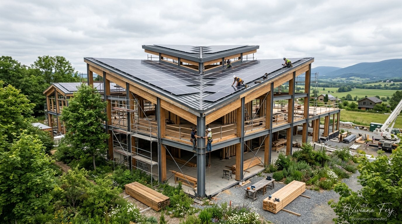 Proyecto de construcción sustentable con madera y paneles solares